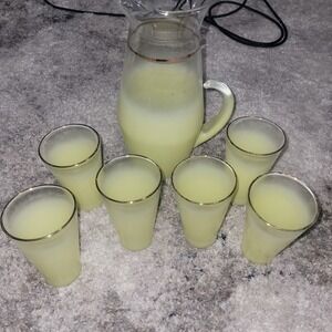 Vtg Lot Blendo Yellow Ombre Frosted Glass Set BIG Pitcher & 6 Tumblers MCM Decor